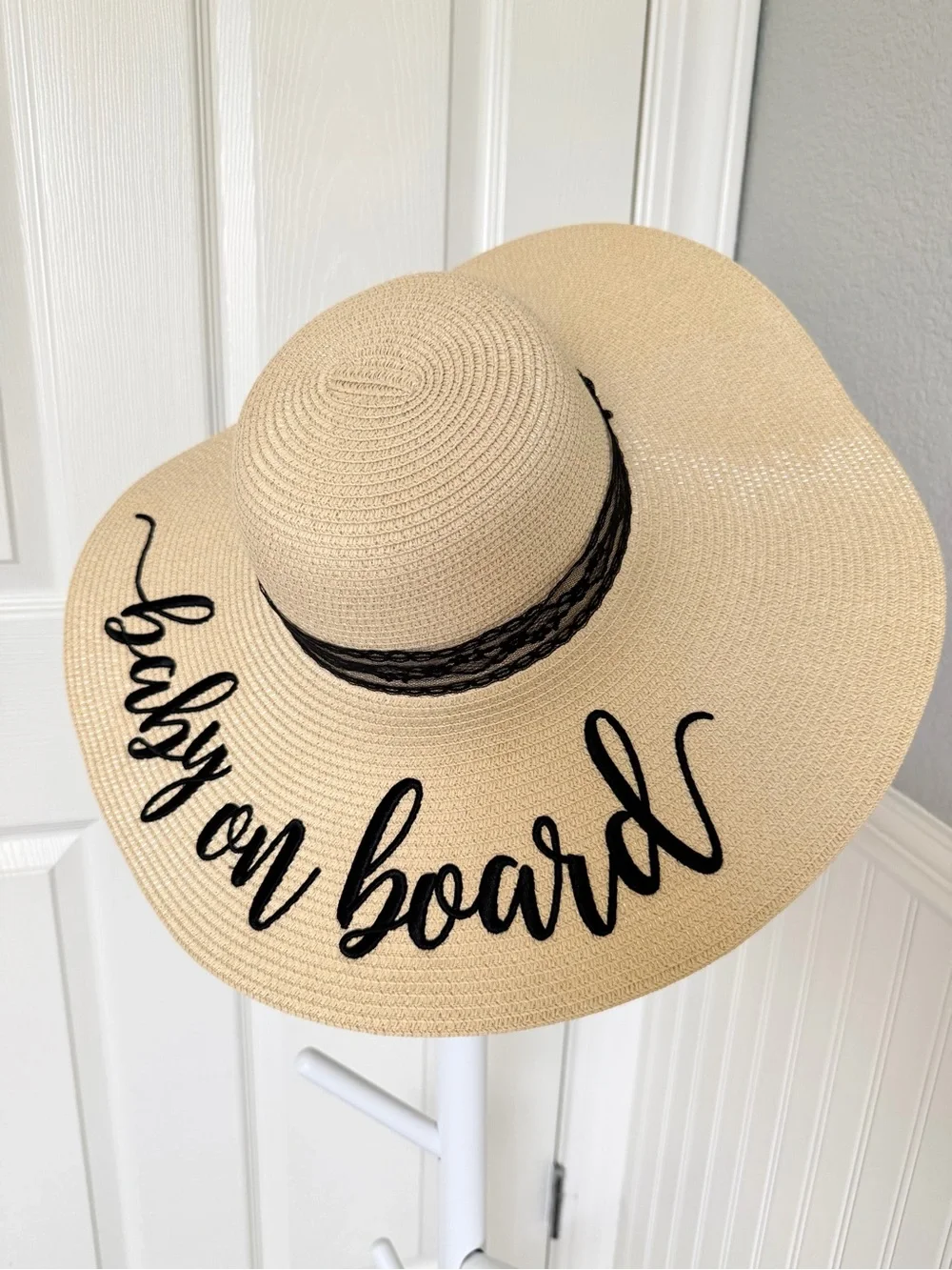 Chic Soul Embroidered “Baby on Board” Wide Brim Floppy Straw Hat | Adjustable